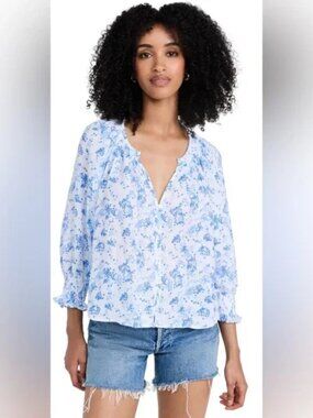 Rails Mariah Oversized Blue Blossoms Floral Button Front Top Blouse Size XS